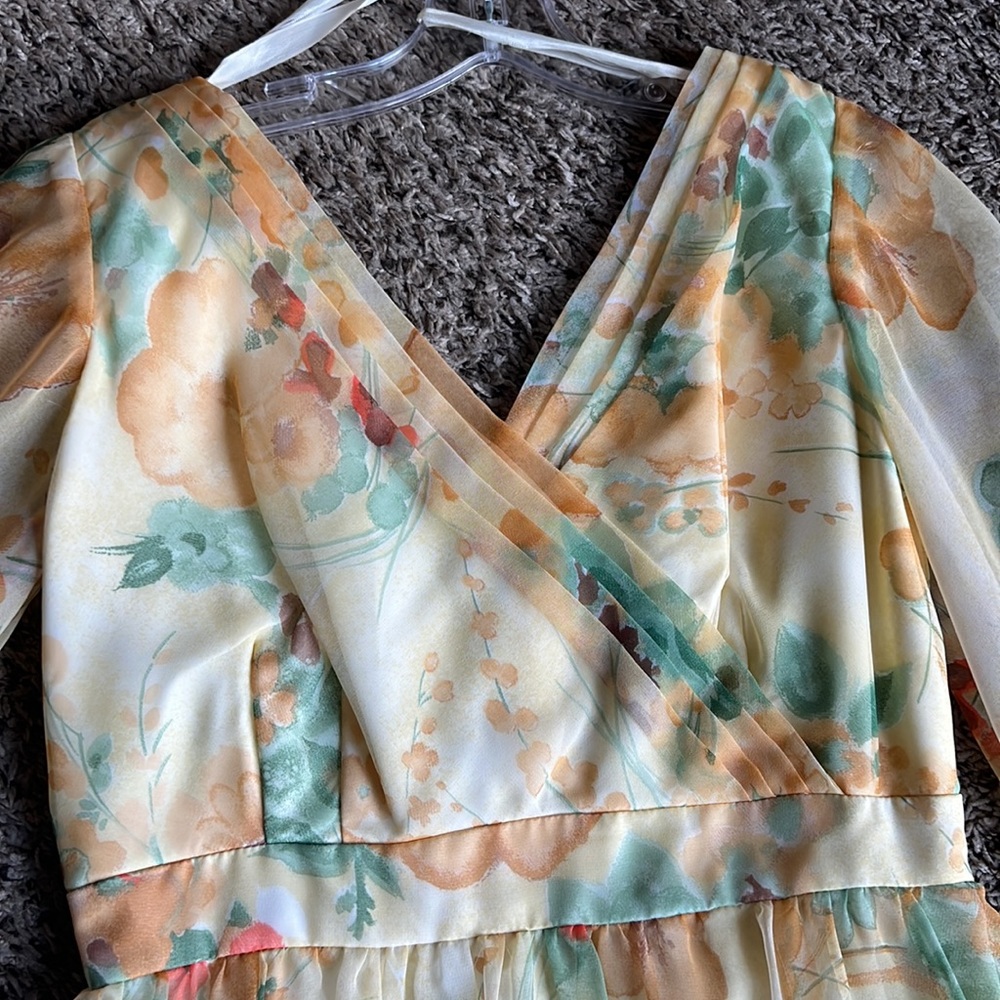 Vintage 70s Chiffon Yellow Floral Floor Length Dress Sz 14 By Union Made - Picture 8 of 16